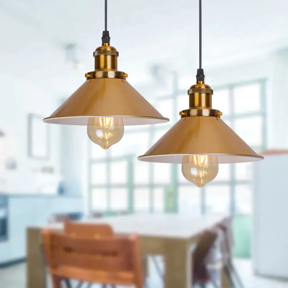 Gold vintage industrial pendant lamp 3 light dining room conical shade
