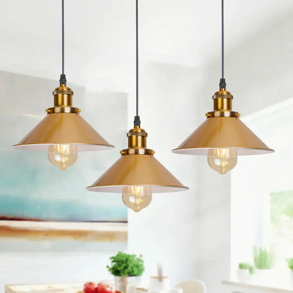 Gold vintage industrial pendant lamp 3 light dining room conical shade