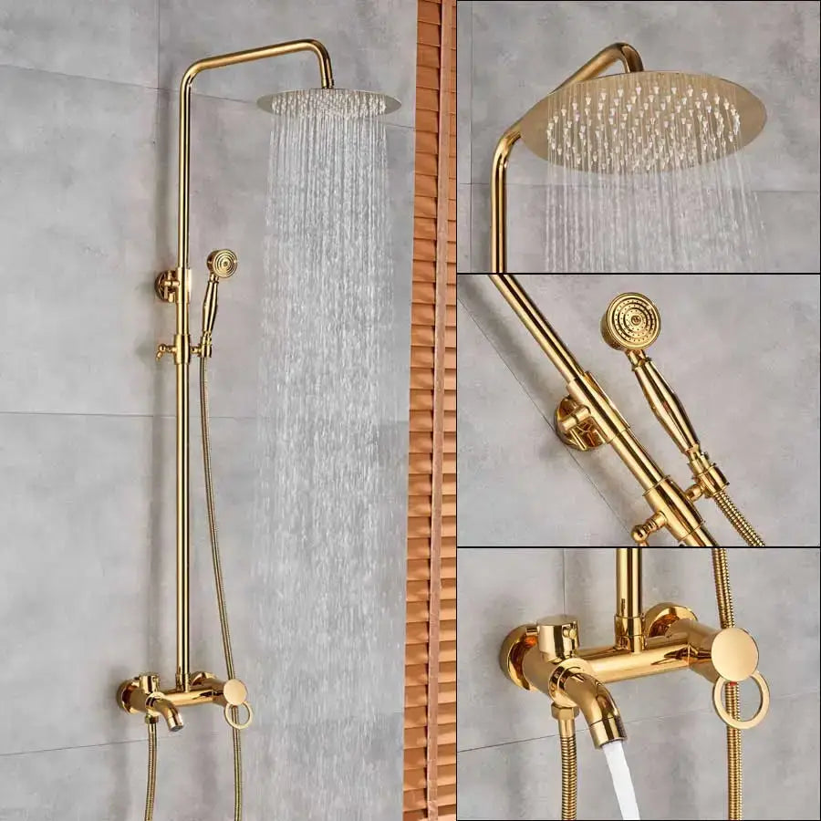 Gold & white dual handle wall mounted rainfall shower system bathroom