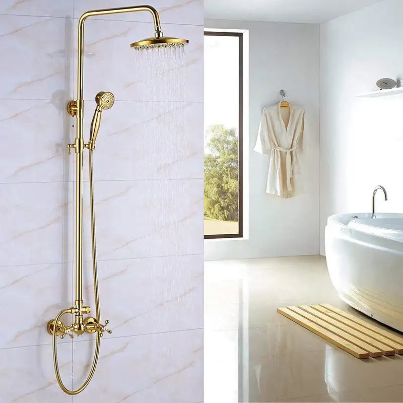 Gold & white dual handle wall mounted rainfall shower system bathroom