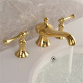 Gold widespread bathroom faucet waterfall design with lever handles