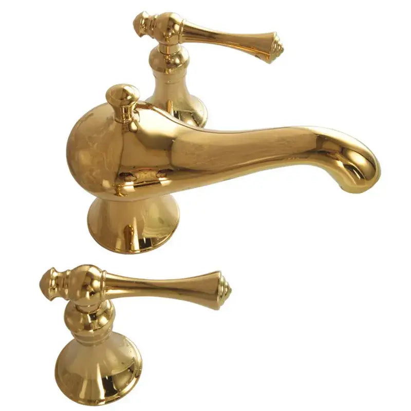 Gold widespread bathroom faucet waterfall design with lever handles