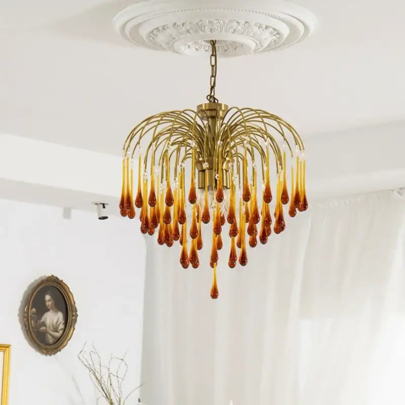 Golden amber crystal water drop chandelier dining room light