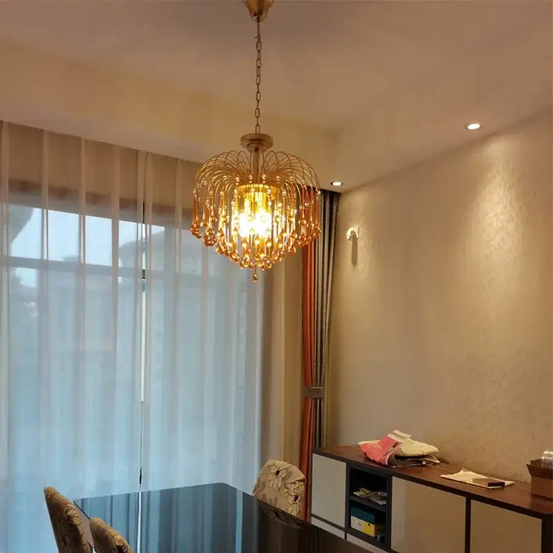 Golden amber crystal water drop chandelier dining room light