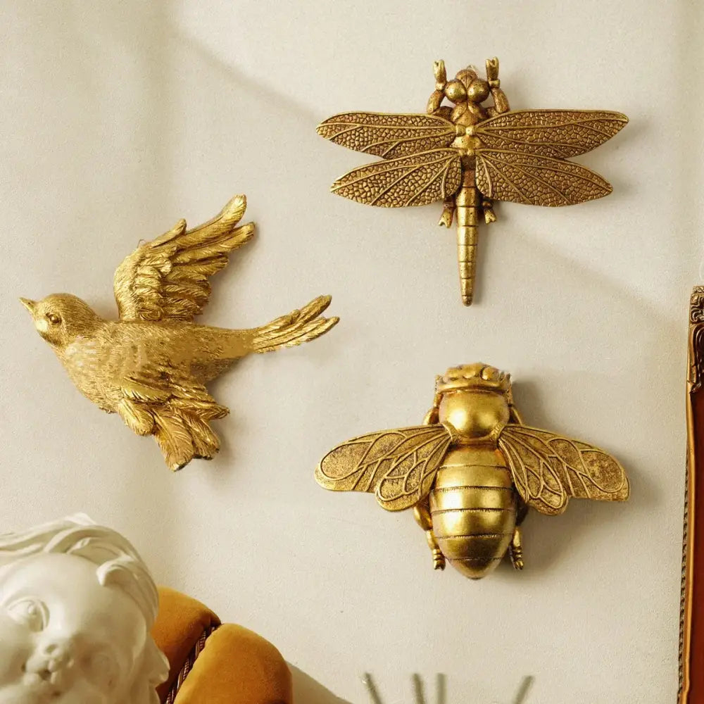 Golden bird and butterfly resin wall decor for living room