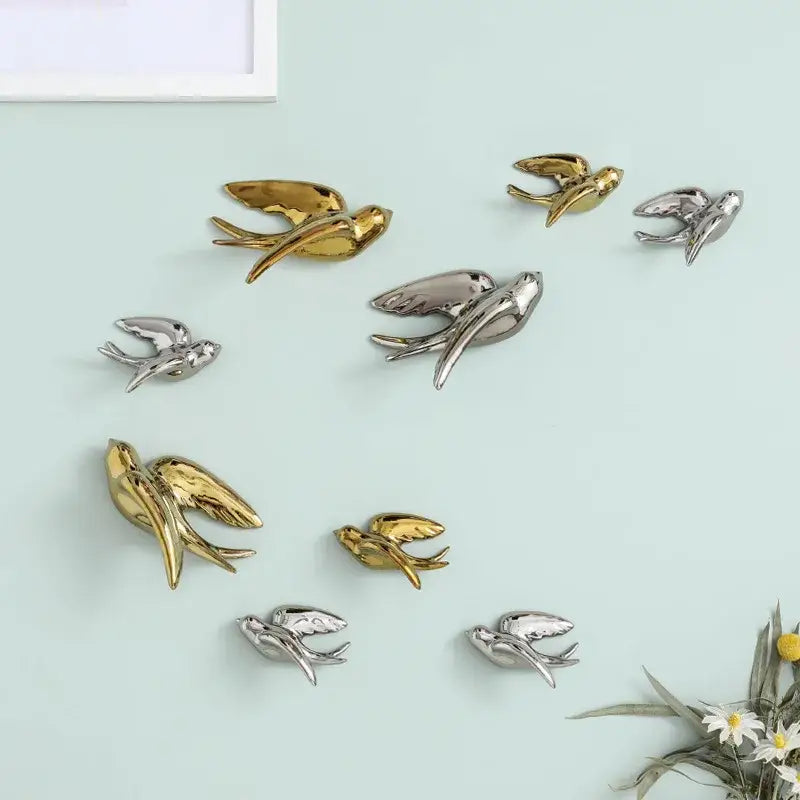 Golden bird swallow sculpture gold & silver wall decor living room
