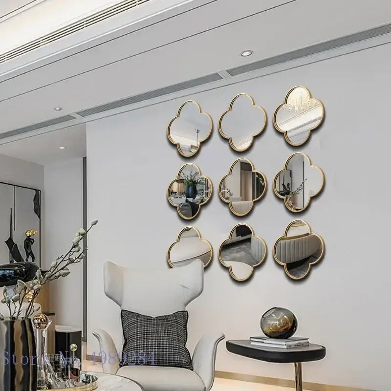 Golden border geometric plum flower mirror set – living room wall decor