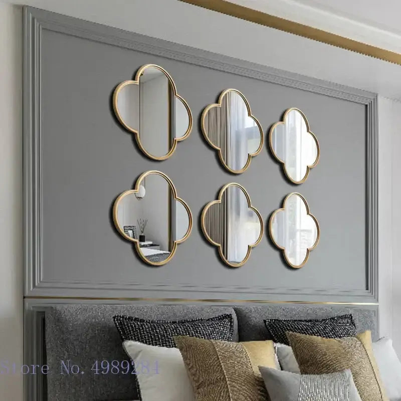 Golden border geometric plum flower mirror set – living room wall decor