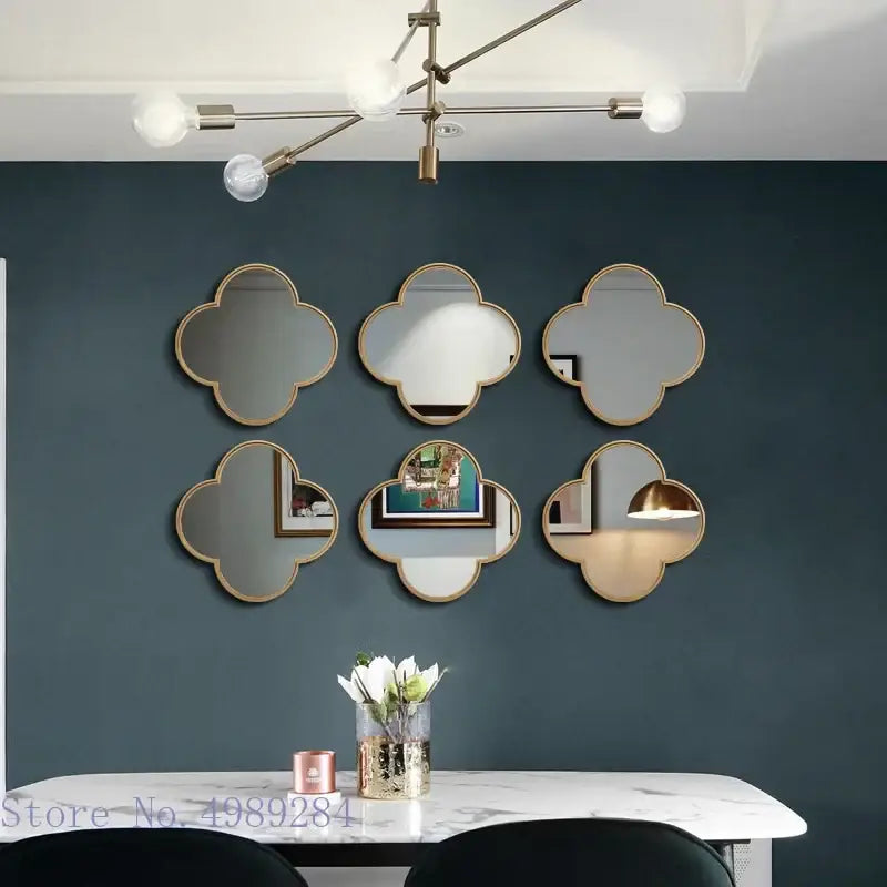 Golden border geometric plum flower mirror set – living room wall decor