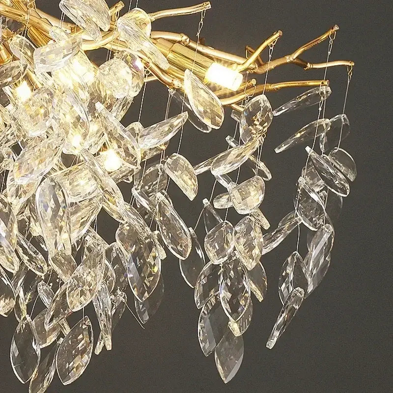 Golden branch ceiling chandelier with crystal leaves for living room