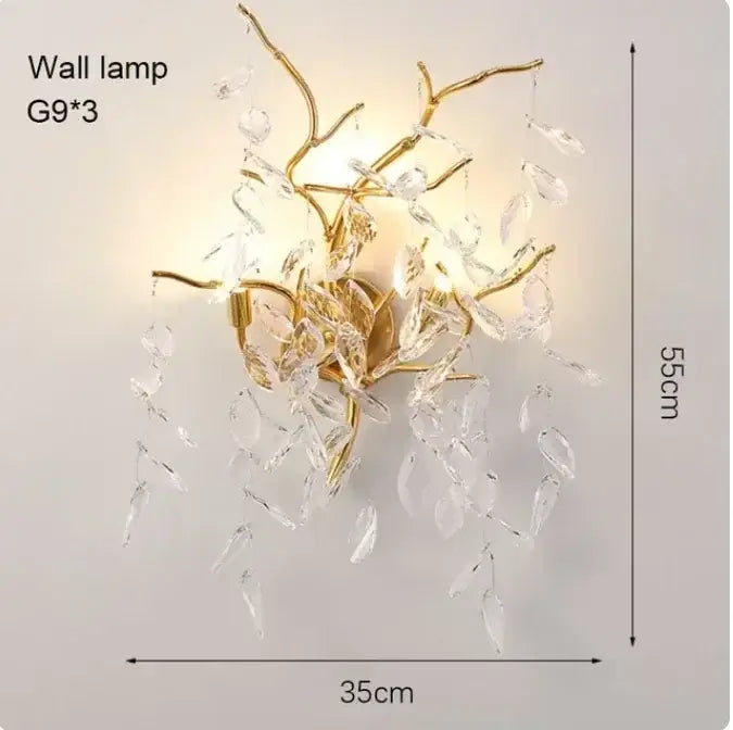 Golden branch ceiling chandelier with crystal leaves for living room