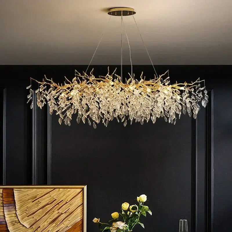 Golden branch ceiling chandelier with crystal leaves for living room
