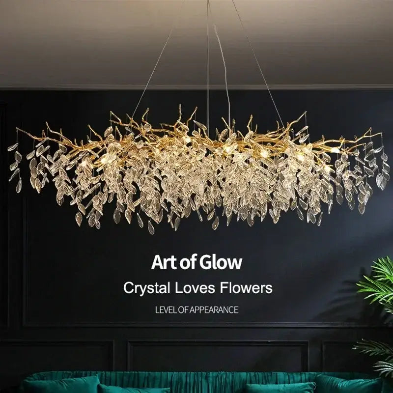 Golden branch ceiling chandelier with crystal leaves for living room