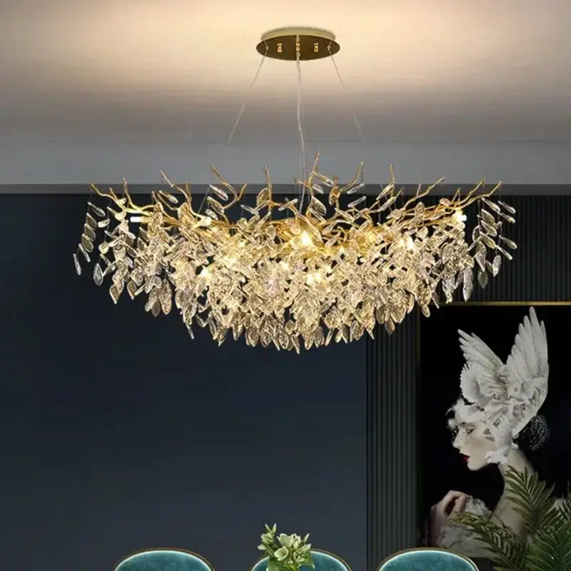 Golden branch ceiling chandelier with crystal leaves for living room