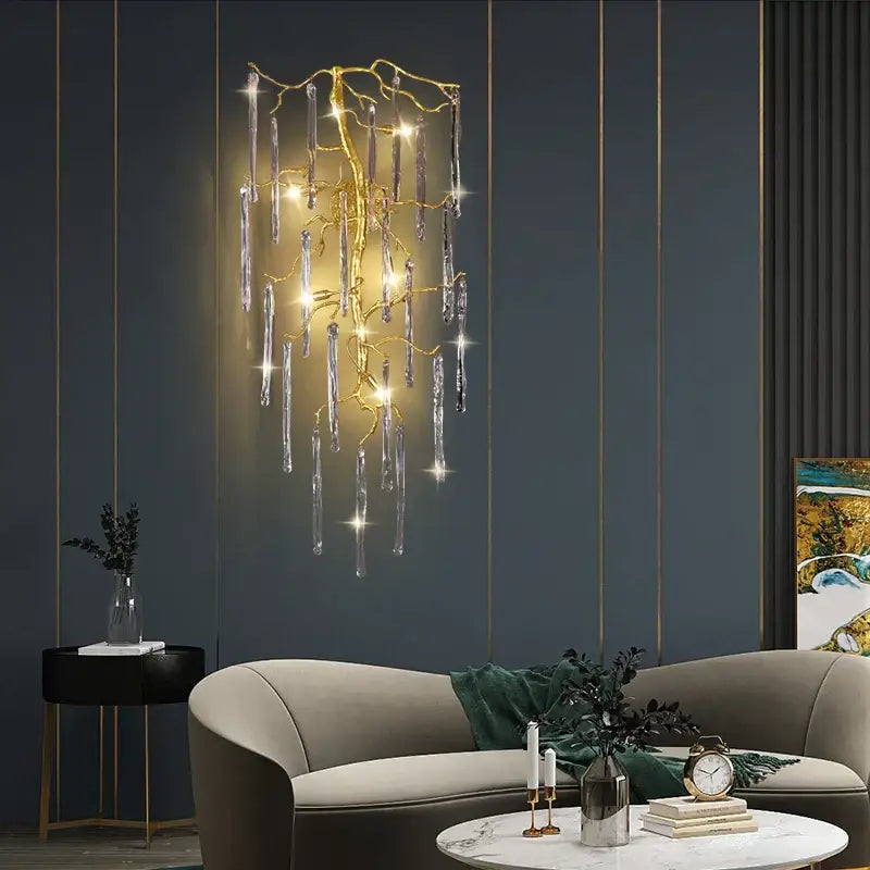 Golden branch crystal wall lamp bedroom art light