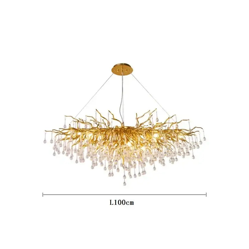 Golden branch crystal water drop led chandelier living room light