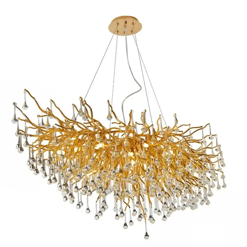 Golden branch crystal water drop led chandelier living room light