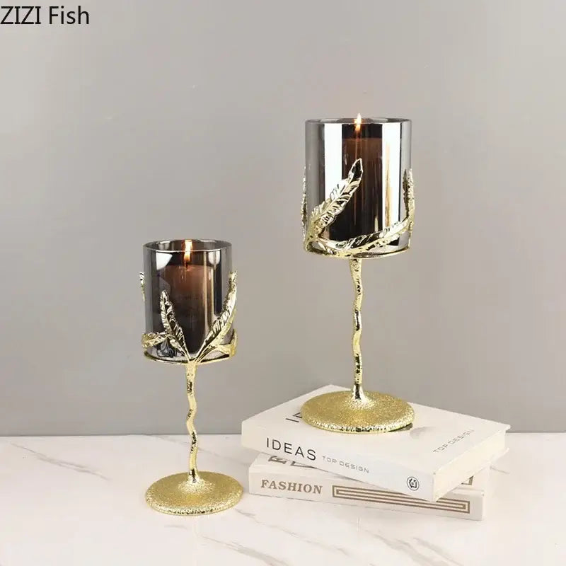 Golden branches candle holders dining room gold leaf glass decor