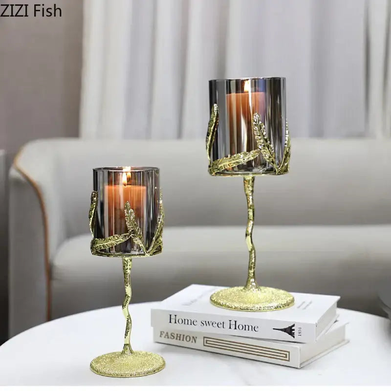Golden branches candle holders dining room gold leaf glass decor
