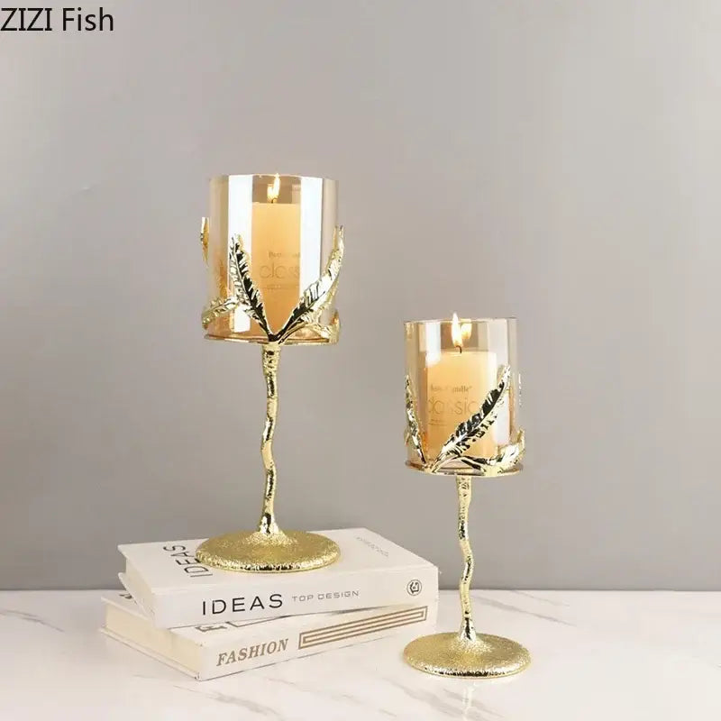 Golden branches candle holders dining room gold leaf glass decor