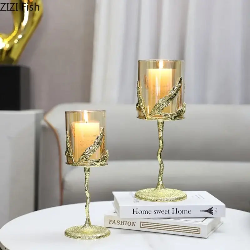 Golden branches candle holders dining room gold leaf glass decor