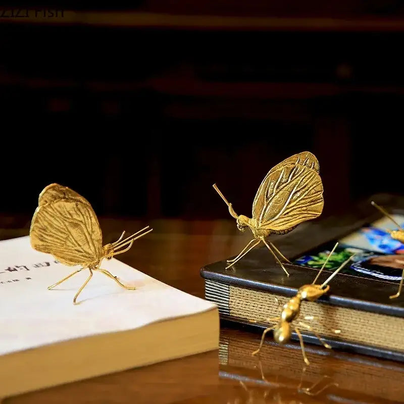Golden butterfly ant miniature metal figurine living room decor