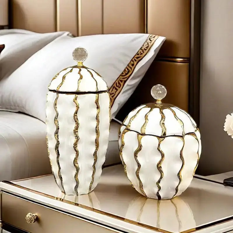 Golden checkmate ceramic white and gold decorative jar living room