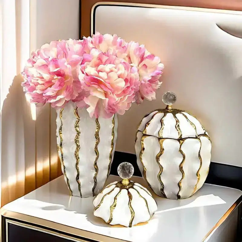 Golden checkmate ceramic white and gold decorative jar living room