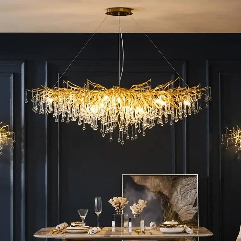 Golden crystal branch chandelier led living room ceiling light