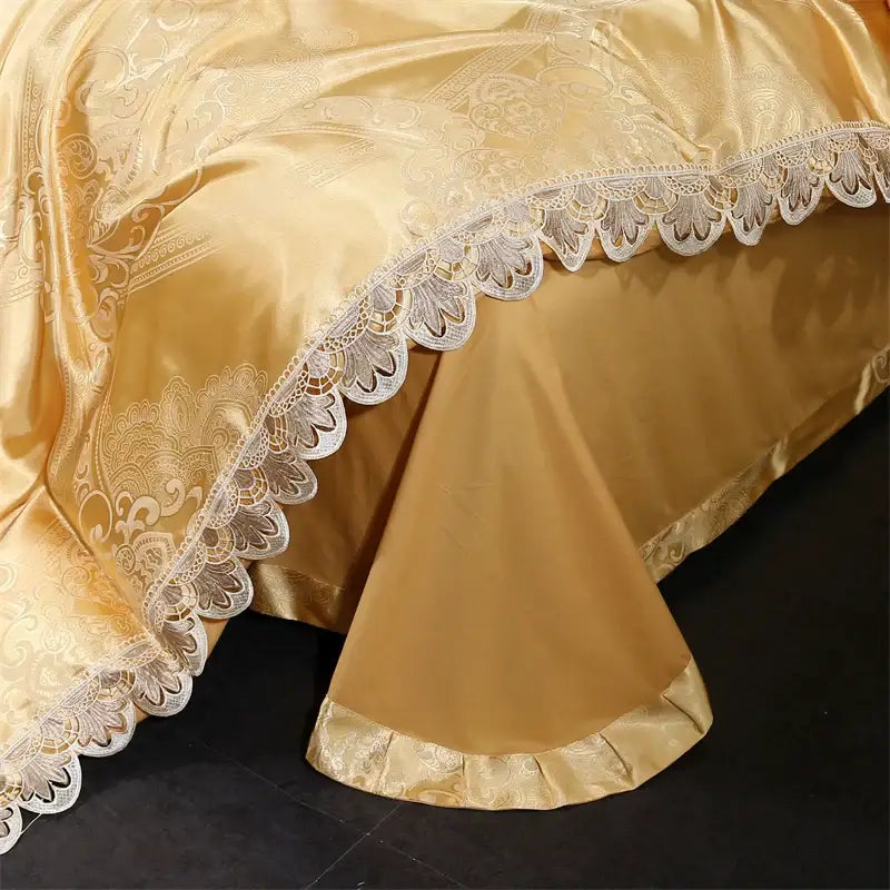 Golden jacquard cotton bedding set bedroom lace floral duvet cover