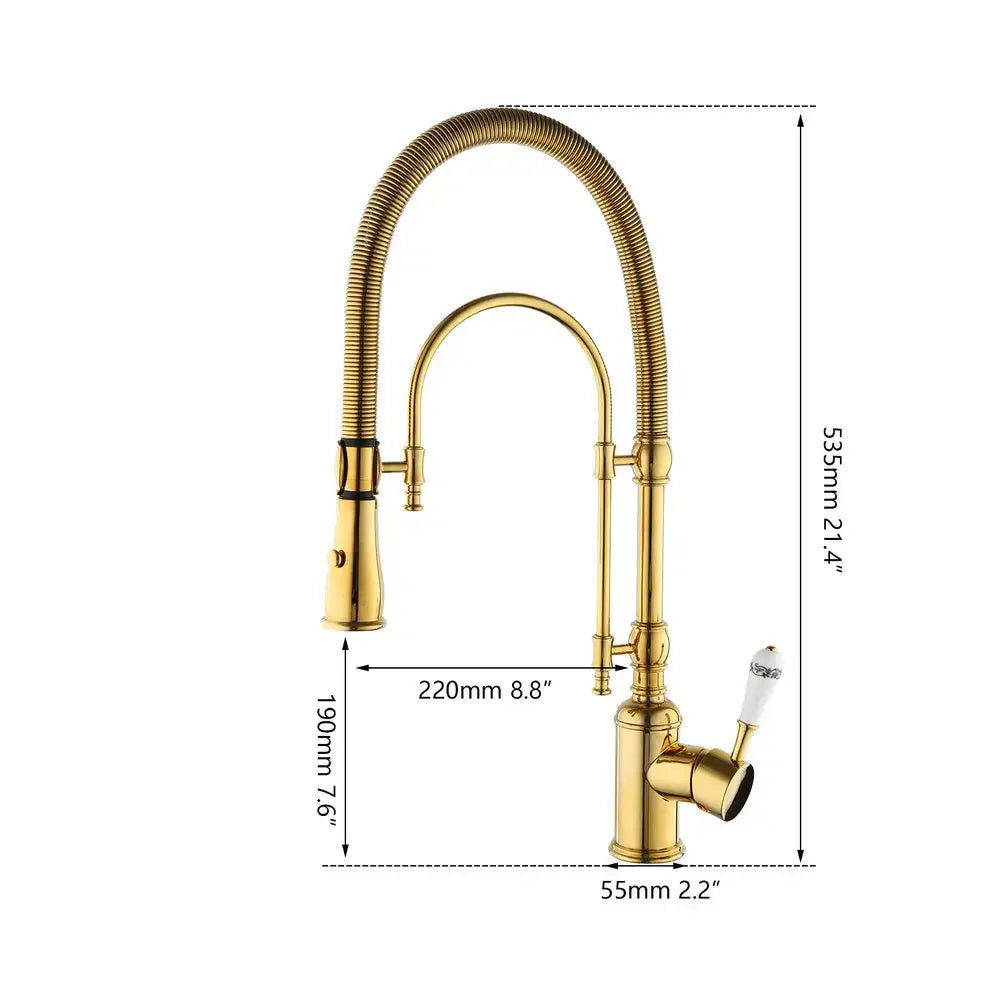 Golden kitchen faucet with white ceramic handle and swivel spout
