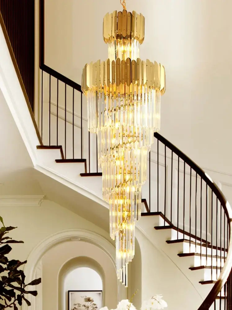 Golden luxury spiral crystal chandelier staircase multi tier light