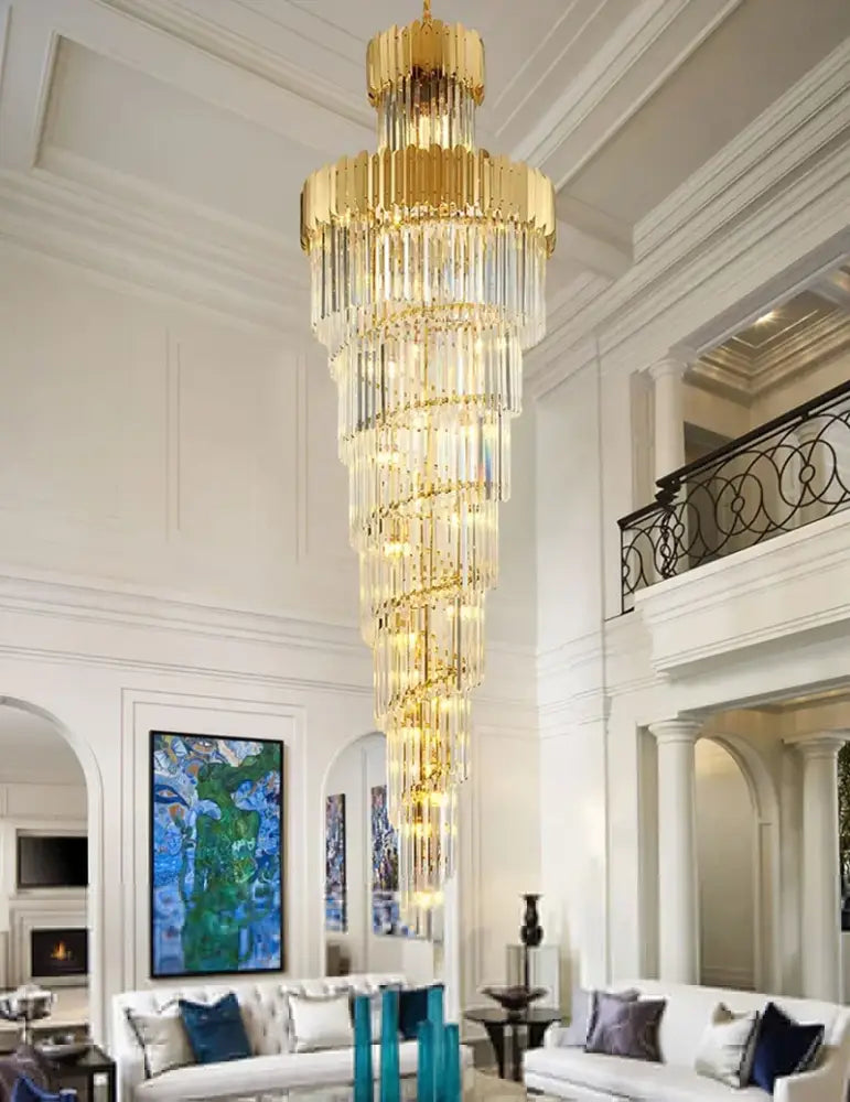 Golden luxury spiral crystal chandelier staircase multi tier light