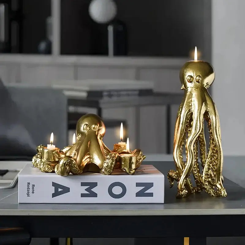 Golden octopus sculpture candle holder for dining room decor