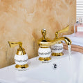 Golden plated bathroom faucet set with white ceramic handles