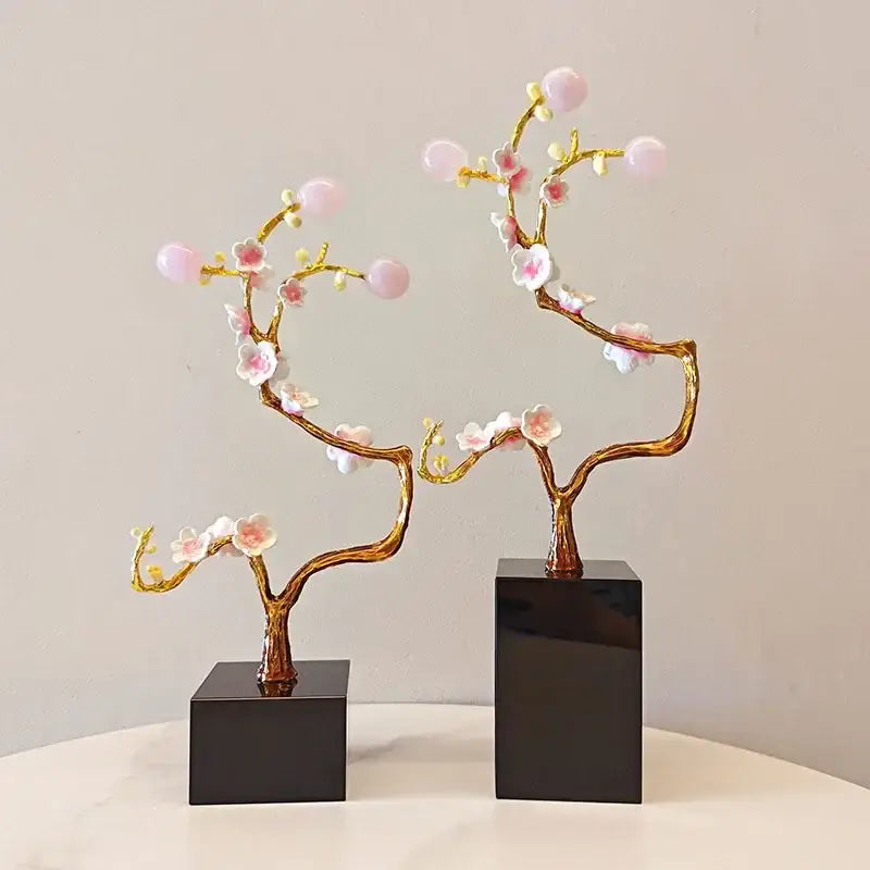 Golden tree pink & white metal decor figurine living room sculpture