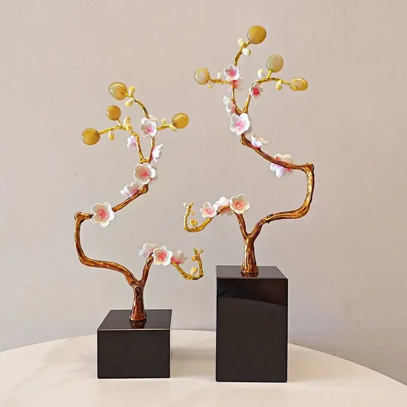 Golden tree pink & white metal decor figurine living room sculpture