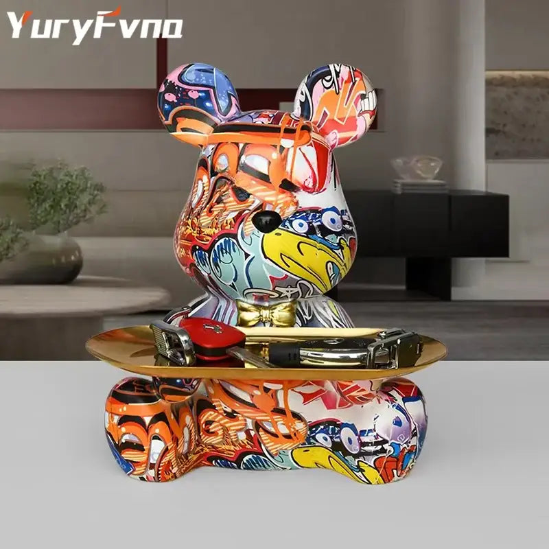 Graffiti bear figurine with gold tray living room storage sculpture