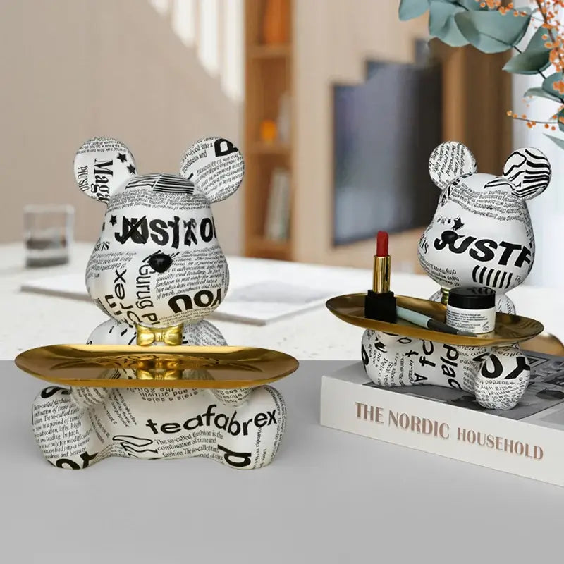 Graffiti bear figurine with gold tray living room storage sculpture