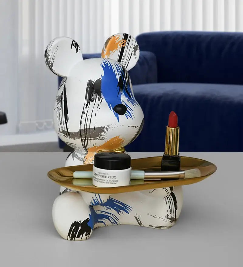Graffiti bear figurine with gold tray living room storage sculpture