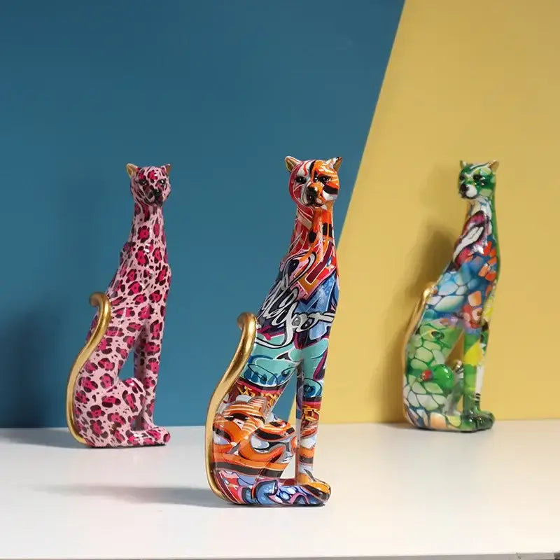 Graffiti leopard resin sculpture living room colorful cat decor