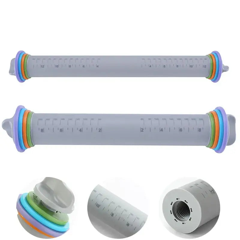 Gray adjustable silicone rolling pin with colorful rings kitchen tool