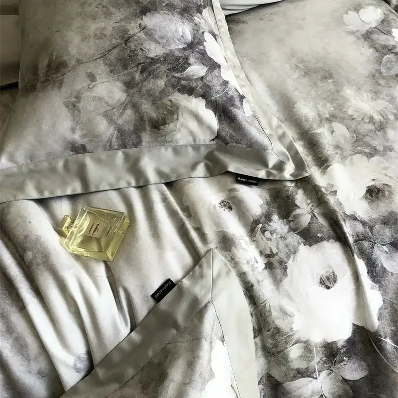 Gray and white ruffled flowers pattern brushed bedding set bedroom