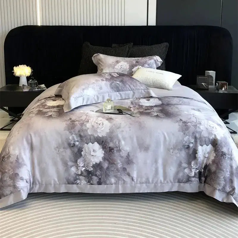 Gray and white ruffled flowers pattern brushed bedding set bedroom