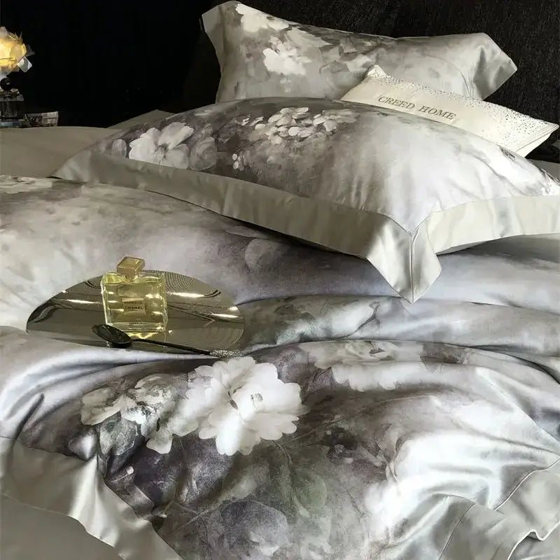 Gray and white ruffled flowers pattern brushed bedding set bedroom