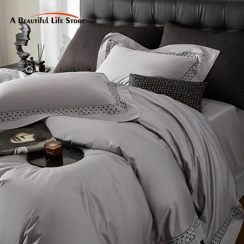 Gray & black egyptian cotton hotel bedding set bedroom geometric embroidery