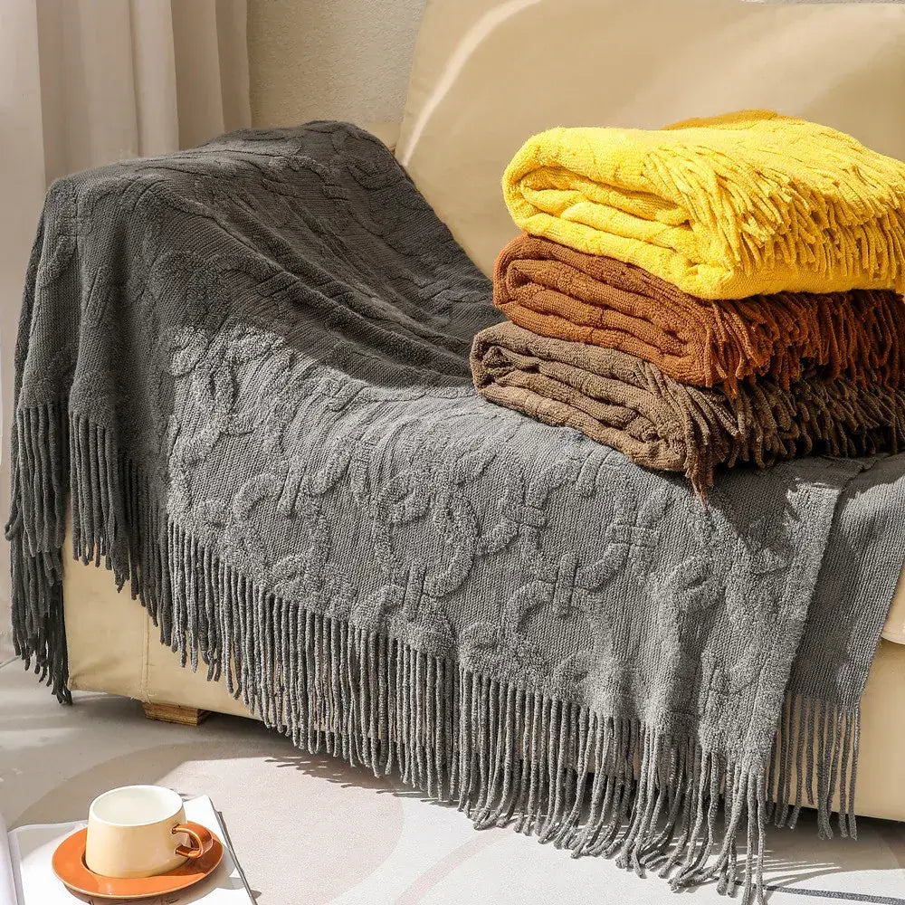 Gray cable knit blanket sofa throw living room fringe decor