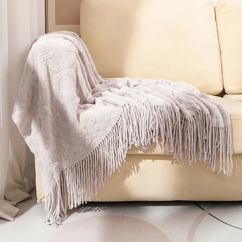 Gray cable knit blanket sofa throw living room fringe decor