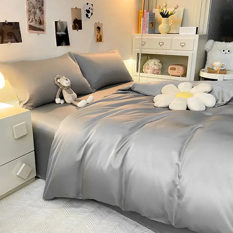 Gray double color blocked ice silk bedding set bedroom duvet cover