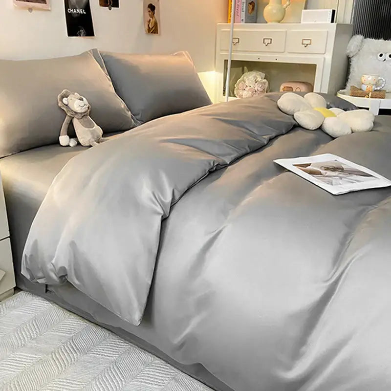 Gray double color blocked ice silk bedding set bedroom duvet cover